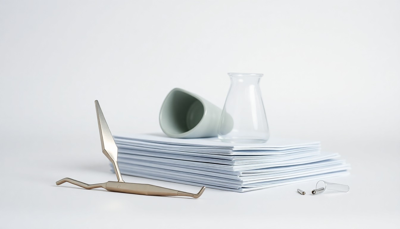 A photorealistic studio still life featuring a polished metal dental tool, a glass beaker, and a stack of medical charts, conceptually representing the specialized expertise and clinical excellence of the oral surgery industry.