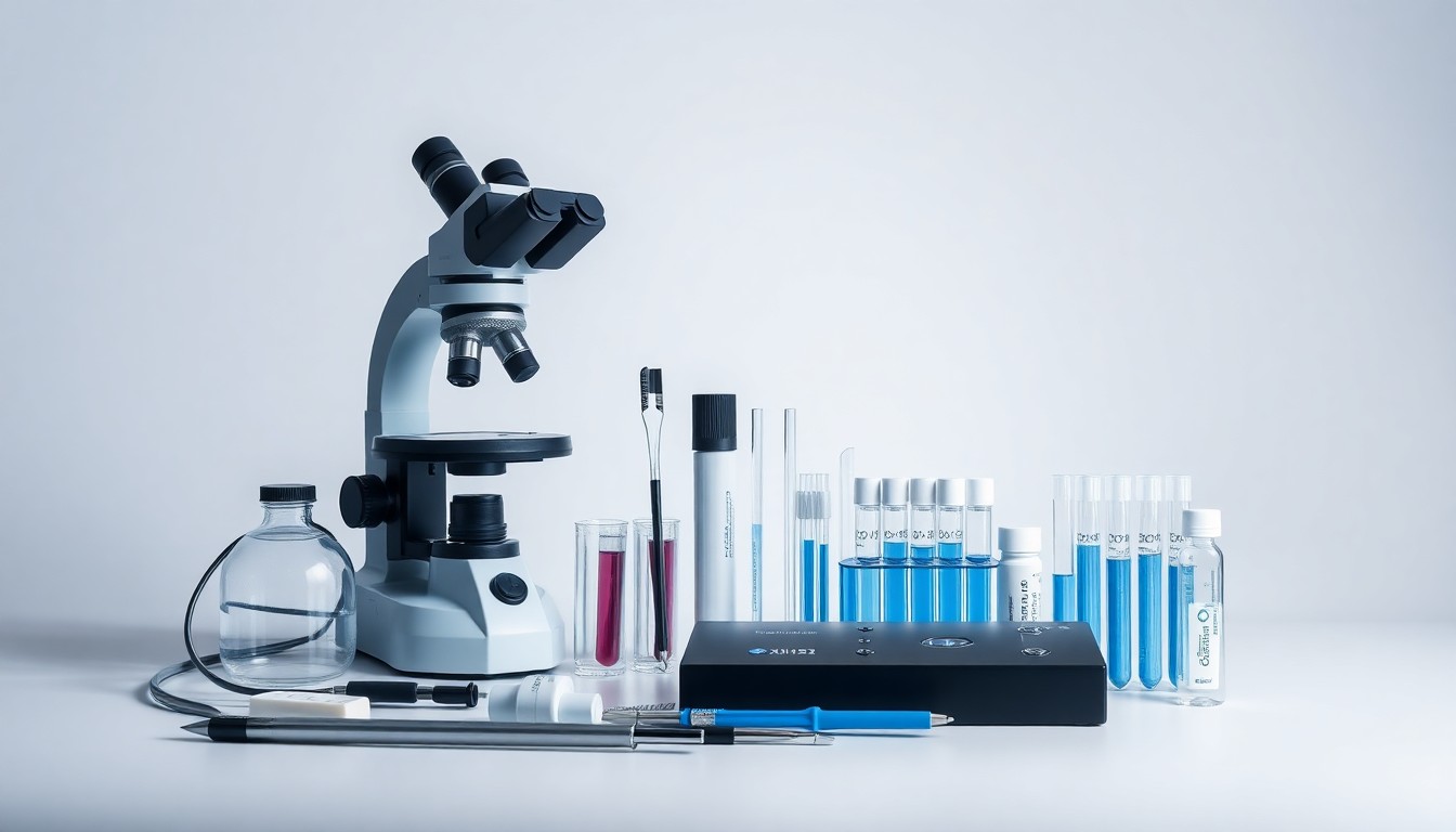 A high-end, photorealistic studio still-life photograph featuring a collection of premium medical diagnostic equipment and tools, including a microscope, test tubes, and other lab instruments, arranged elegantly on a clean, monochromatic seamless background, conceptually representing the precision and innovation of the HNL Lab Medicine and Roche Diagnostics partnership.
