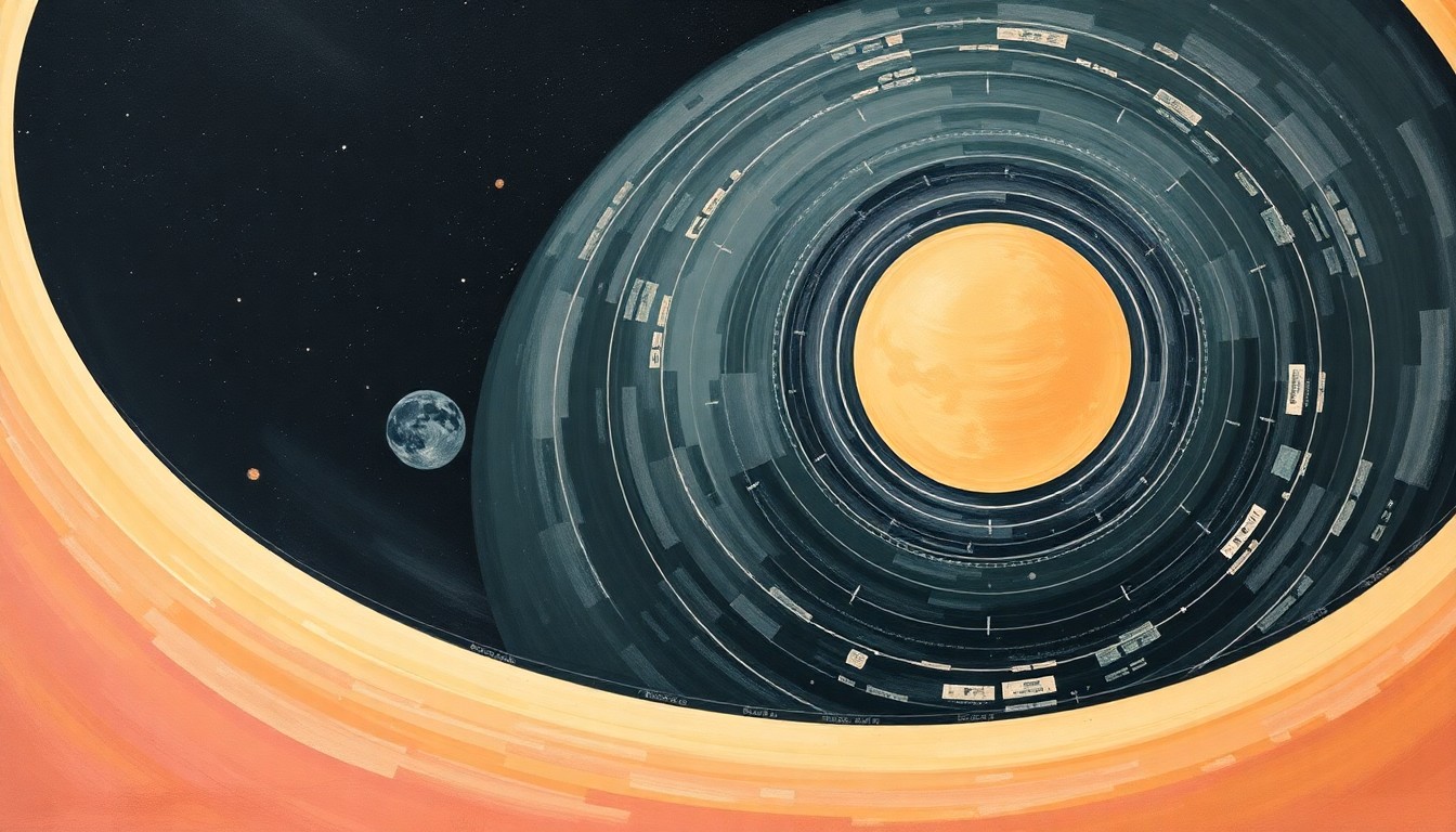 A highly structured abstract painting in soft, flat colors depicting the Artemis II spacecraft's lunar flyby, with sweeping geometric arcs, concentric circles, and precise orbital spirals conveying the mission's record-breaking distance and rare solar eclipse observation.