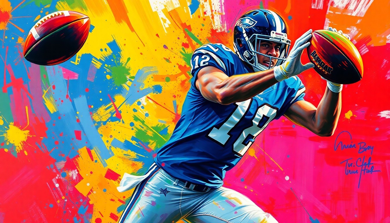 An abstract, expressionist painting in vibrant neon colors depicting the explosive movements and energy of a defensive back making a play, with the player's features blurred into unrecognizable brushstrokes.