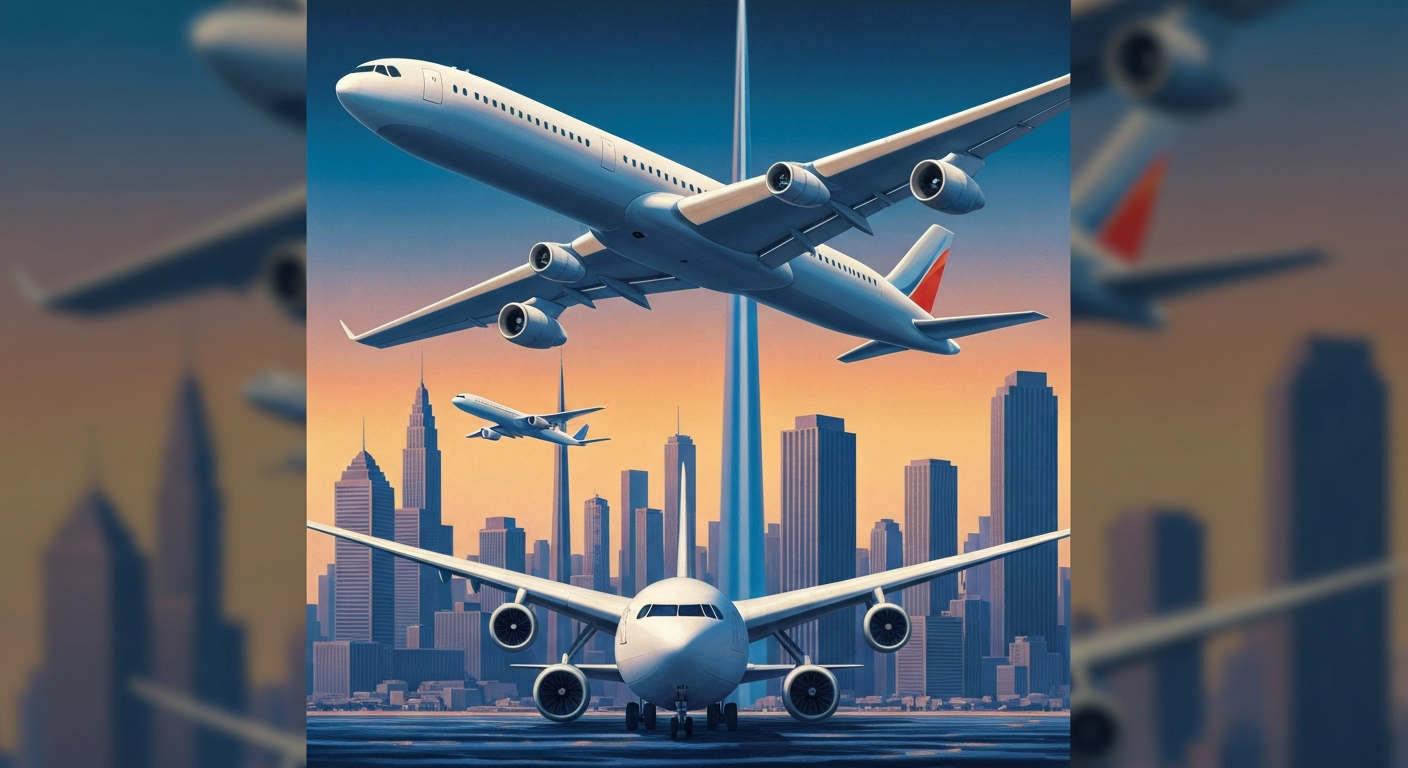 A highly stylized, geometric illustration depicting the silhouettes of fighter jets and a cityscape in the background, rendered in bold, sweeping gradients of blue, orange, and gray, capturing the grand scale and romance of air travel.