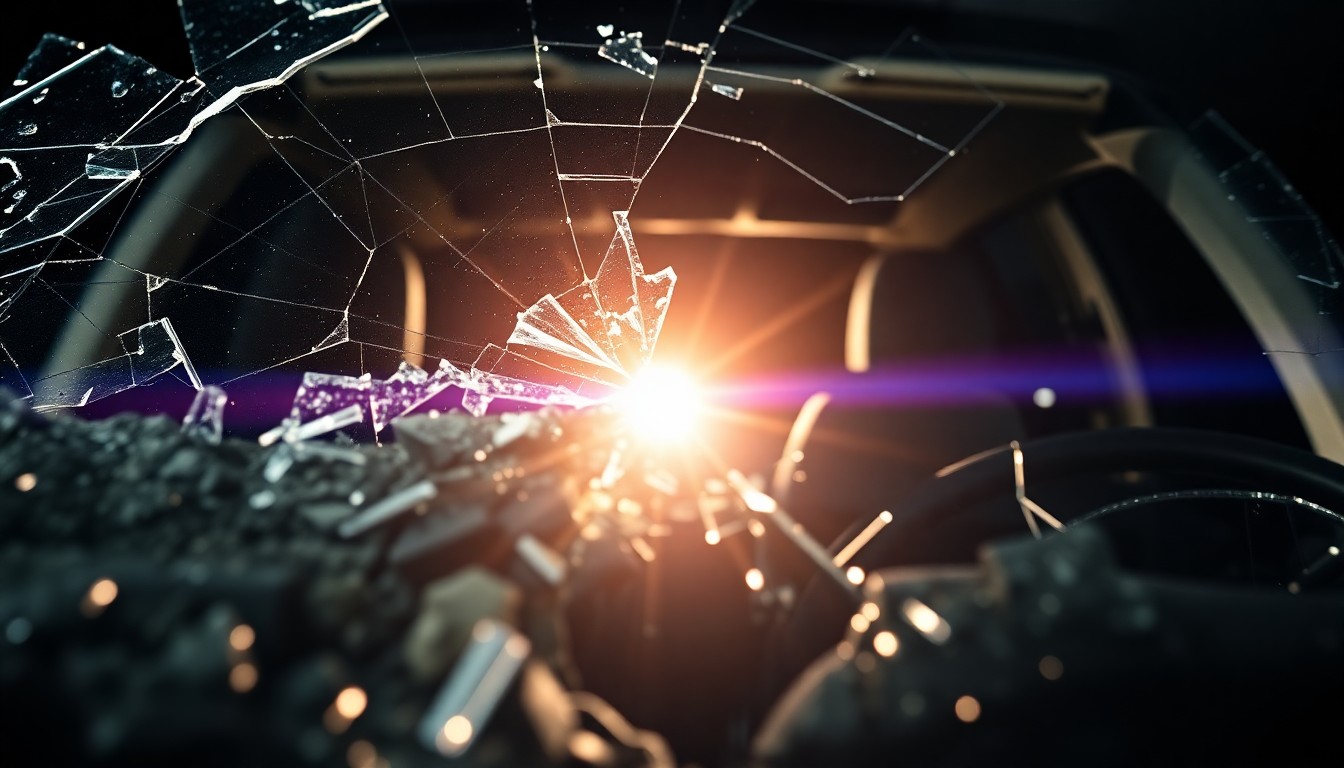 An extreme close-up of a shattered car windshield reflecting a harsh camera flash, conceptually representing the devastating impact of a deadly drunk driving accident.