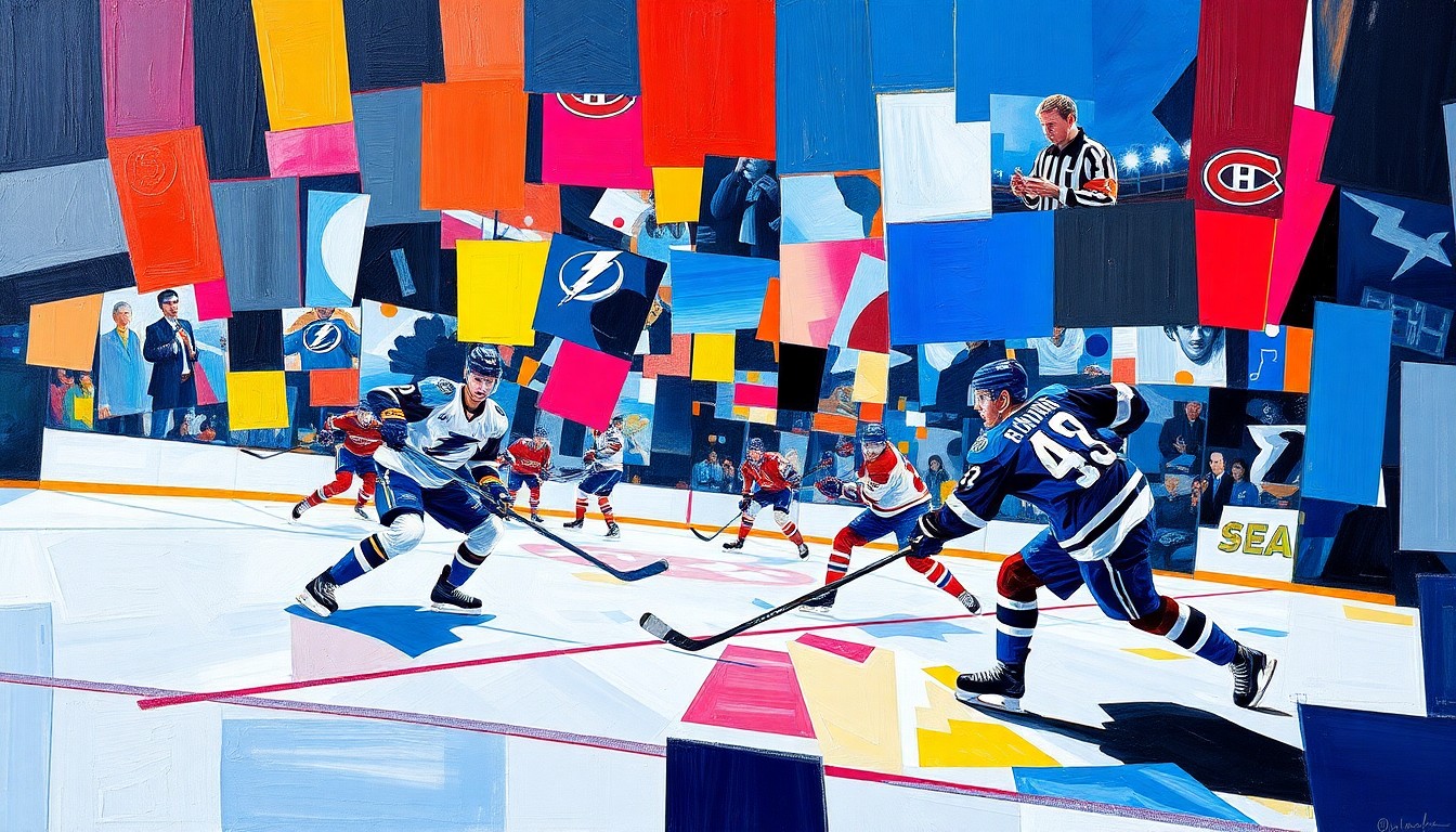 A fragmented, geometric painting depicting the action and intensity of a professional hockey game, with sharp planes of color and overlapping shapes representing the players and the flow of the game.
