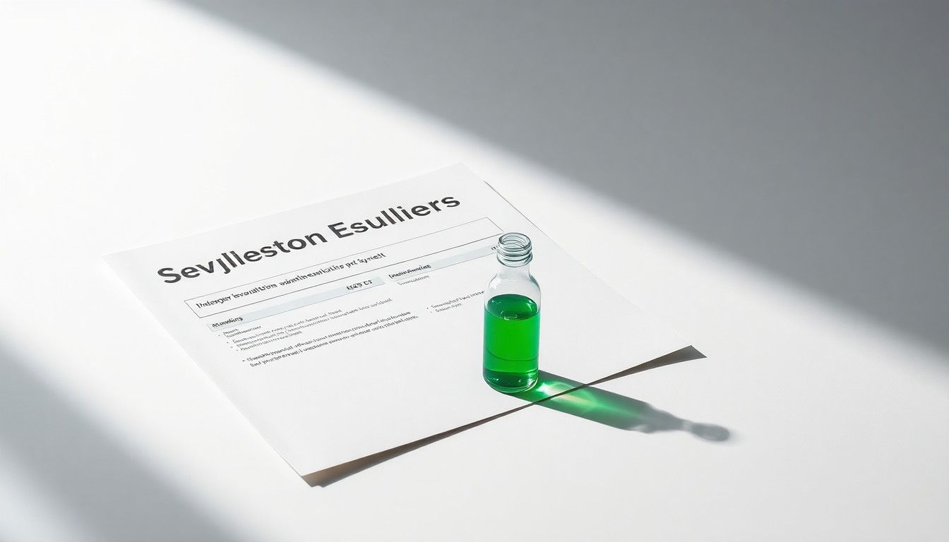 A photorealistic studio still life featuring a polished, metallic supplier evaluation report and a small, transparent glass vial filled with a green liquid, representing the integration of sustainability data into procurement processes. The objects are arranged elegantly on a clean, white background, using dramatic lighting to convey the abstract concepts of corporate strategy, risk management, and sustainable supply chains.