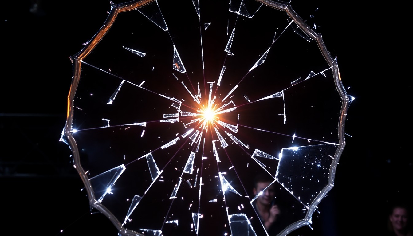 An extreme close-up photograph of a shattered mirror reflecting glittering shards of light, conveying the rebellious energy and enduring legacy of 1980s rock music.