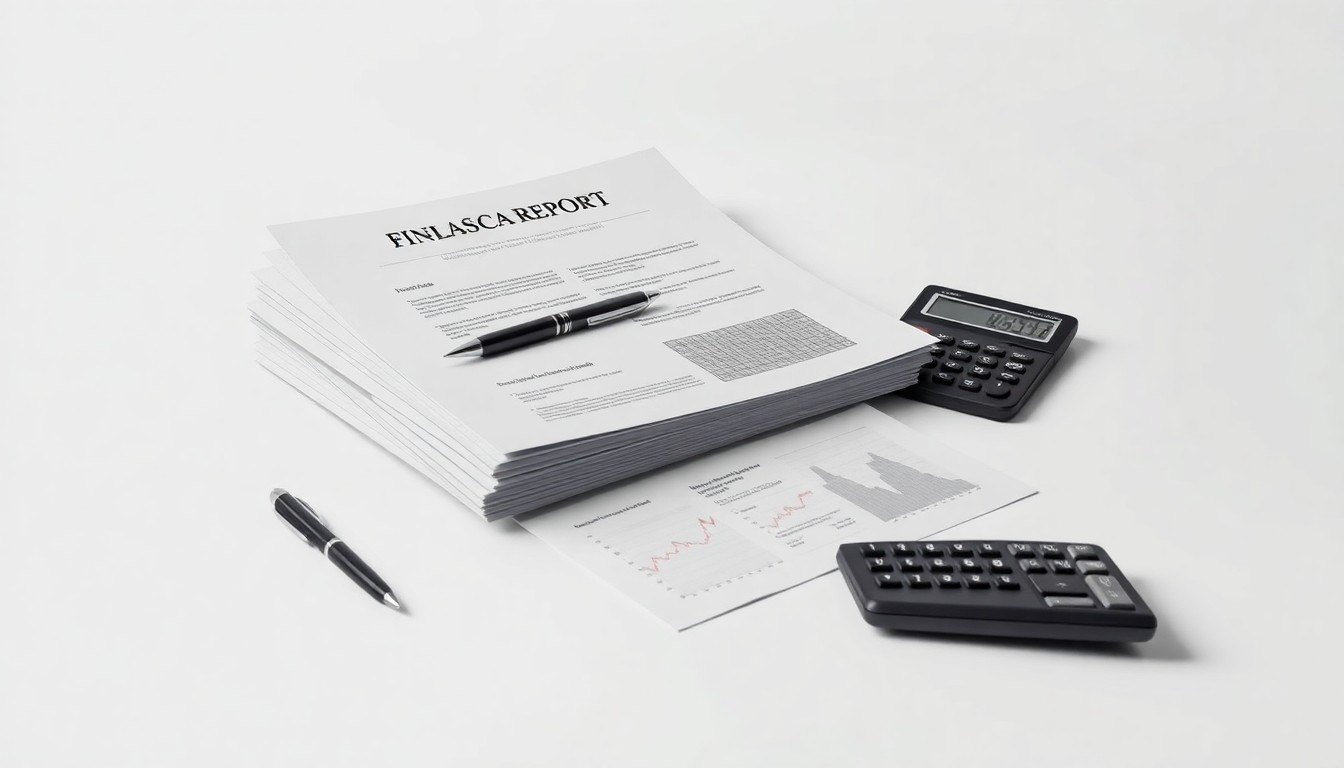 A photorealistic studio still-life featuring a stack of financial reports, a pen, and a calculator on a clean, monochromatic background, symbolizing the financial leadership and corporate governance that will guide Abeona Therapeutics through its next phase of growth.