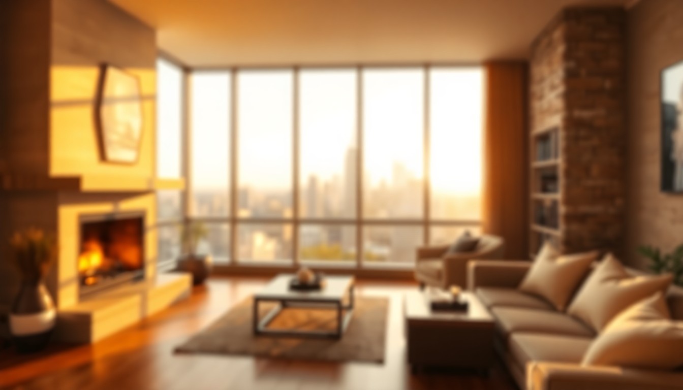 An extremely abstracted, out-of-focus photograph in warm, earthy tones depicting an interior living space with a fireplace, hardwood floors, and large windows overlooking a city skyline, conceptually representing the contemporary luxury and prime location of this Charlestown condo.