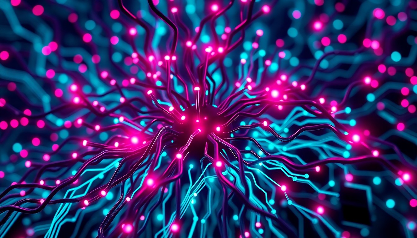 A highly detailed, glowing 3D macro illustration of a futuristic AI neural network, with pulsing neon cyan and magenta lights illuminating the intricate circuitry and data flows, conceptually representing the complex legal challenges emerging as AI is applied in the legal system.