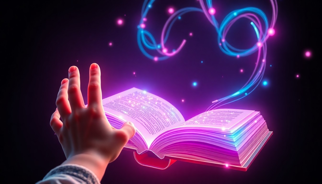 A glowing, 3D macro illustration of a child's hand reaching towards a floating, illuminated storybook with swirling digital elements, conceptually representing the AI-powered magic that brings a child's imagination to life through the KidsBedTimeStories platform.