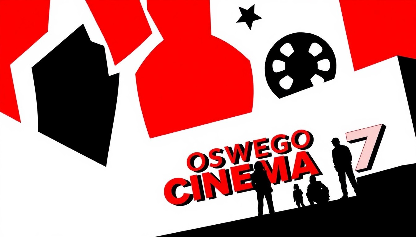 A minimalist, abstract illustration featuring bold, jagged shapes and silhouettes in high-contrast colors, conceptually representing the variety of films and movie-going experiences at the Oswego Cinema 7.