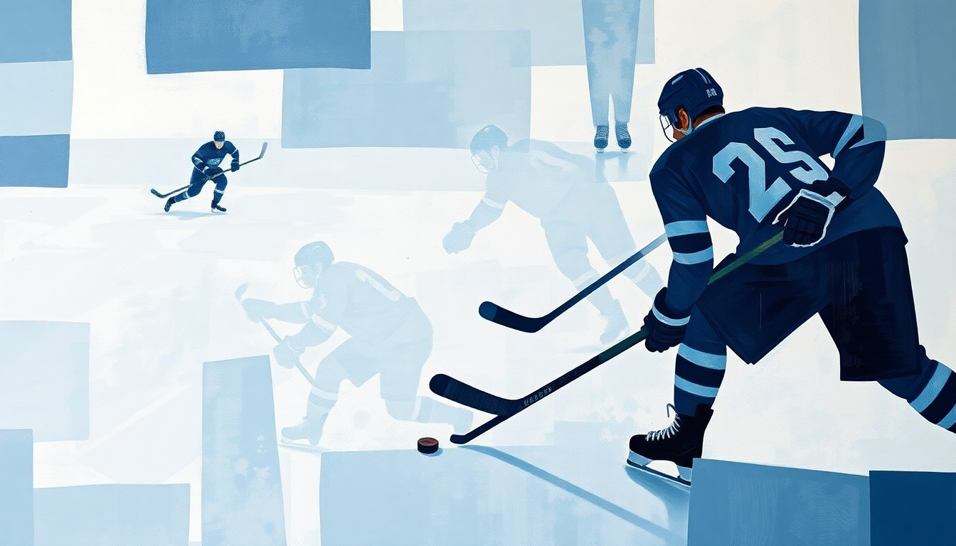 A fragmented, geometric painting in muted blues and grays depicting the blurred action of a hockey game, with sharp angular planes representing the ice, players, and equipment.