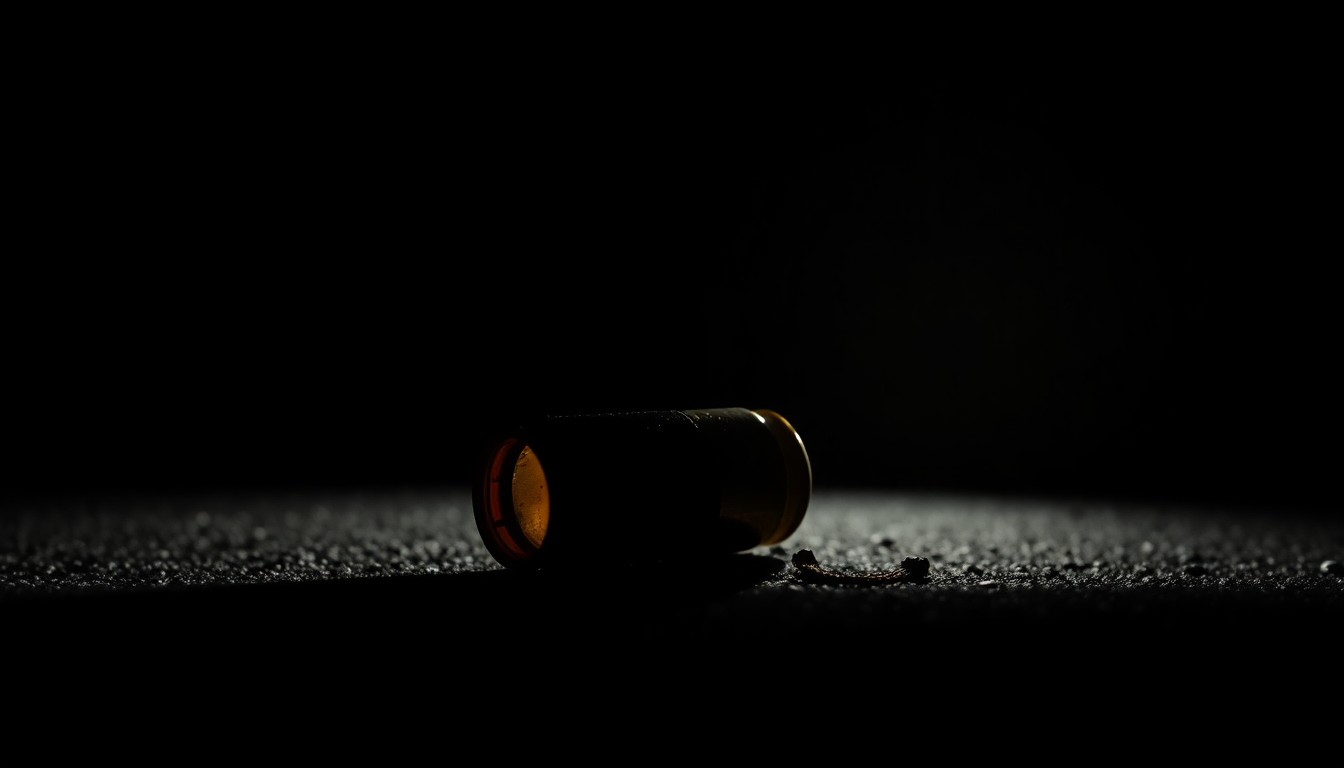 An extreme close-up of a spent shell casing on the ground, captured with dramatic lighting and a stark, gritty aesthetic to conceptually illustrate the investigation into a recent shooting incident.