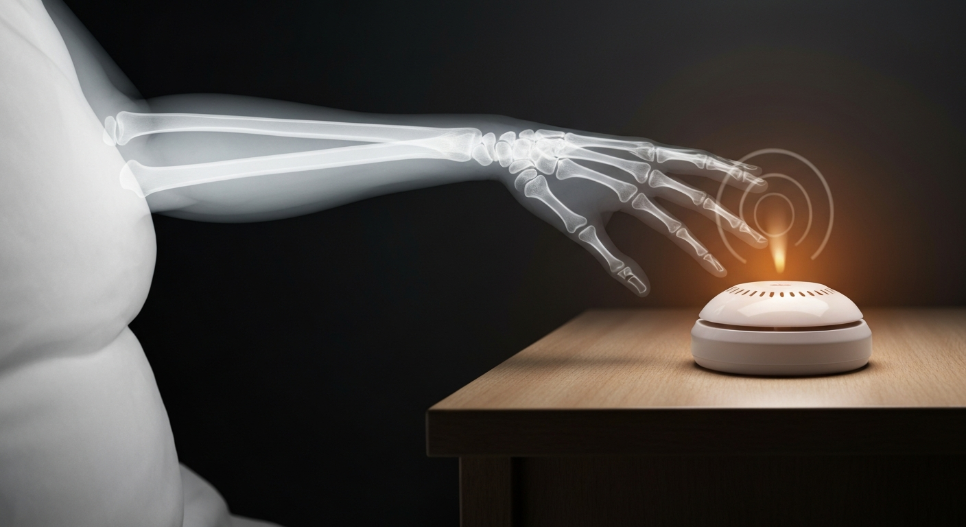 A ghostly, translucent X-ray photograph showing the internal bone structure and veins of an elderly person's hand reaching for a ringing smoke alarm on a nightstand, conveying the fragility and urgency of the situation.