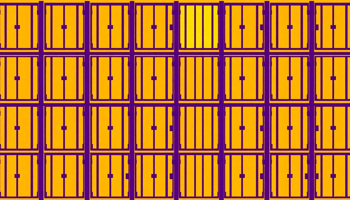 A brightly colored, high-contrast silkscreen print of a stylized school security gate icon repeated in a tight grid pattern, using flat, vibrant neon colors and heavy black outlines to transform the everyday object into a modern pop art composition.