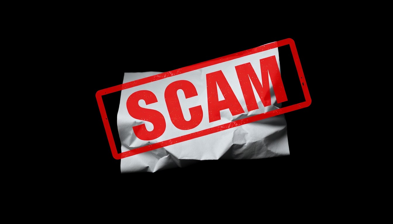 An extreme close-up of a crumpled official document with a red 'SCAM' stamp, conceptually illustrating the deceptive nature of a government impersonation scam.