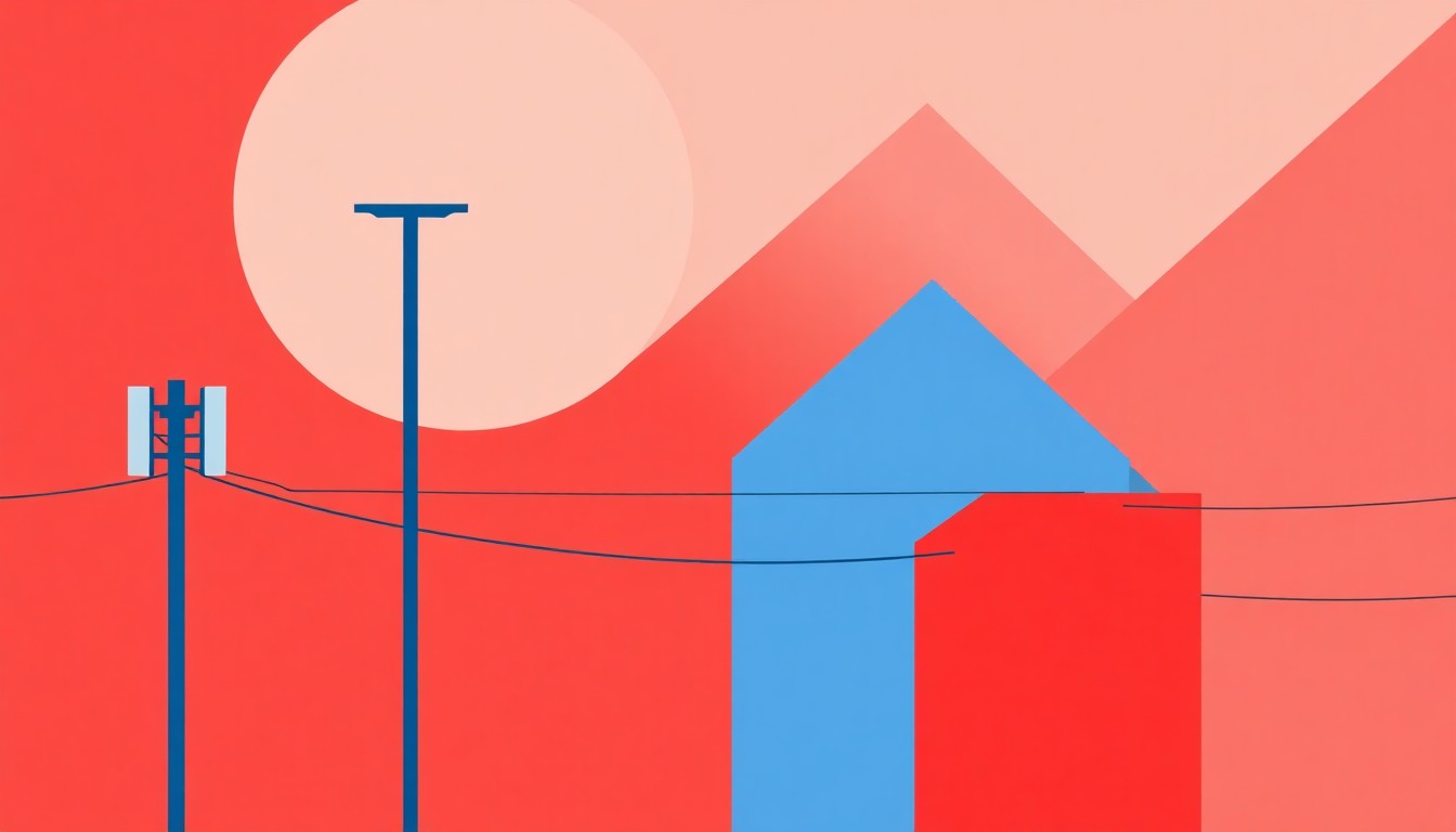 A geometric abstract illustration using triangles, rectangles, and circles in shades of blue, red, and yellow to conceptually represent the impact of changing municipal tax rates on the telecommunications industry.