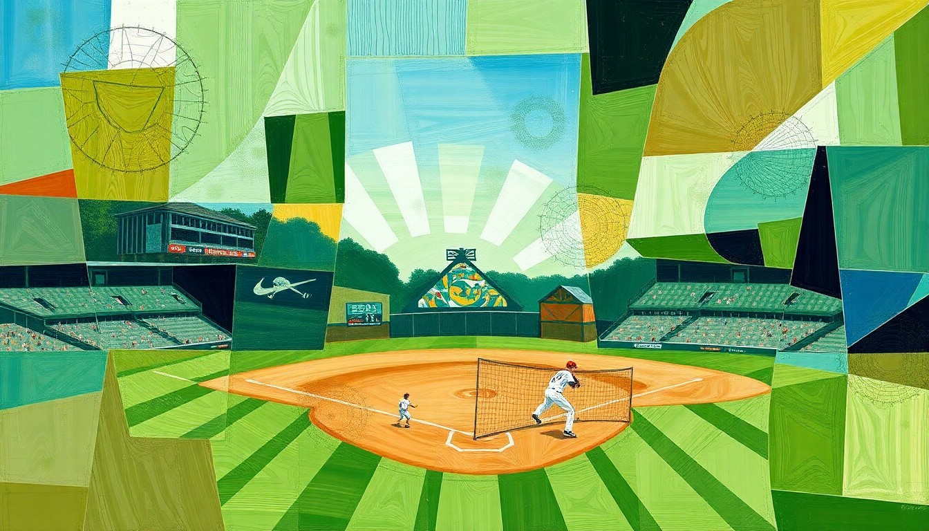 A fragmented, geometric painting depicting a high school baseball game, with sharp, overlapping planes of green, brown, and blue representing the players, field, and action.