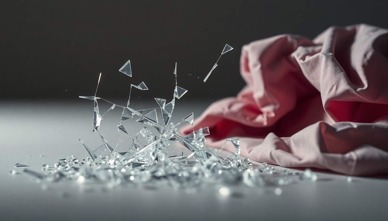 An abstract, high-contrast close-up photograph of shattered glass and crumpled fabric, conceptually representing the fractured relationship and allegations of abuse at the center of this story.