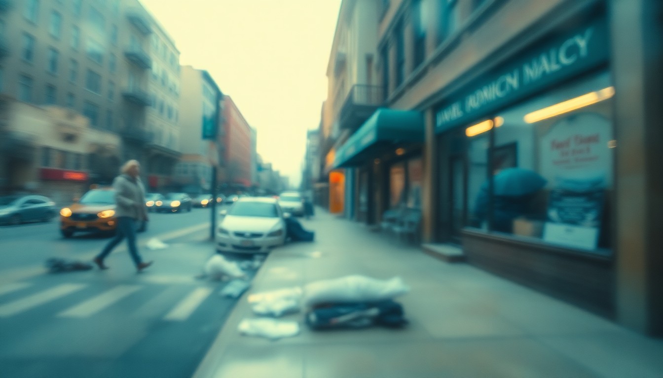 An impressionistic, out-of-focus scene of a downtown street with litter, broken sidewalks, and dilapidated storefronts, conveying the mood of the letter's concerns about Peekskill's neglected public spaces.