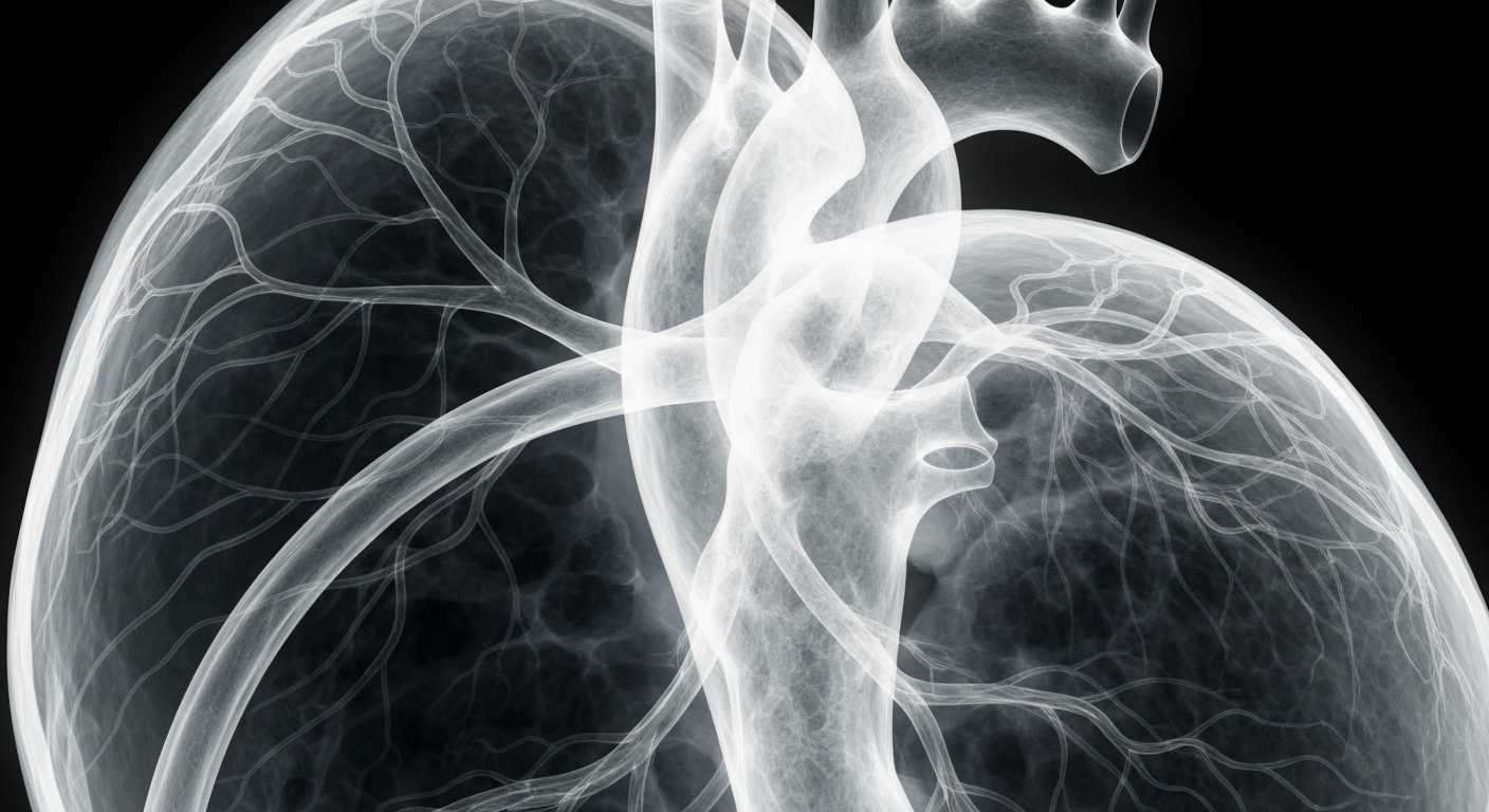 An extreme close-up X-ray photograph showing the intricate internal structure of a human heart with a chronically blocked coronary artery, conveying the clinical nature of the subject matter through its ghostly, glowing veins and arteries.