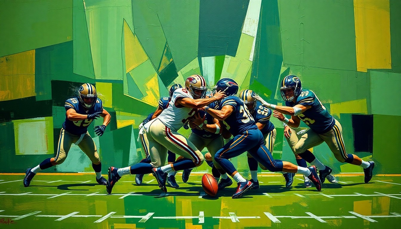 A fractured, multi-perspective painting depicting the chaotic motion and physical intensity of a high-contact football tackle drill, with sharp, overlapping geometric shapes in vibrant colors.