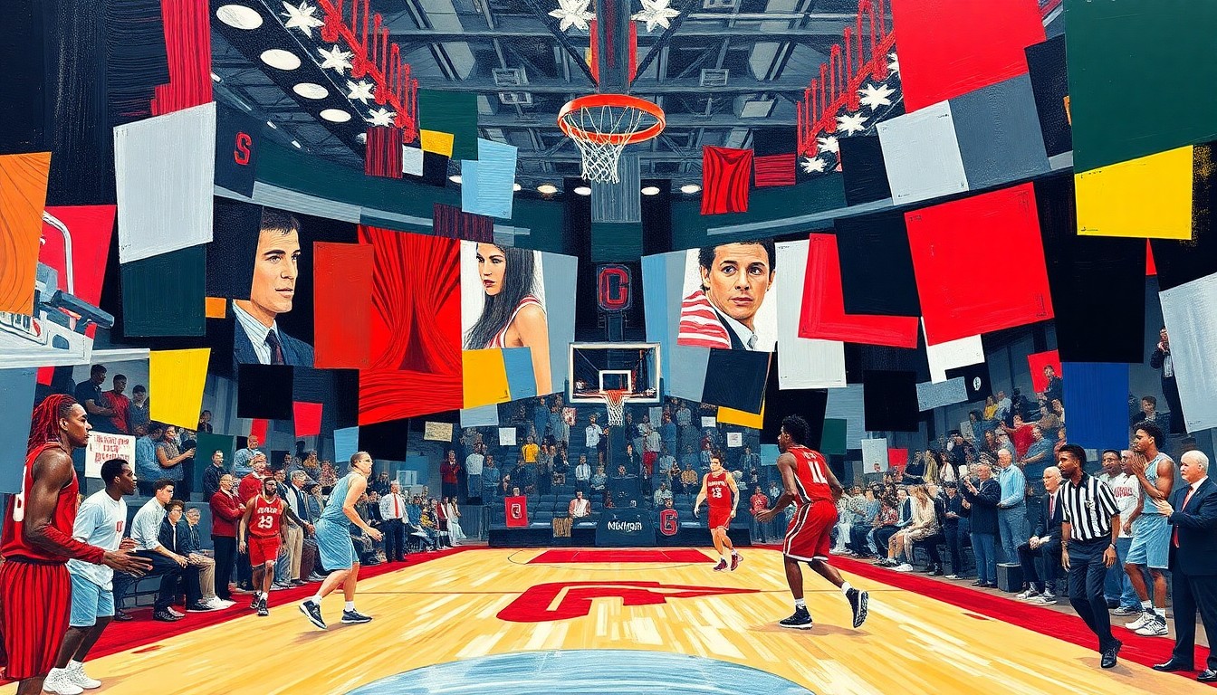 A fractured, cubist-style painting depicting the chaotic energy of a college basketball game, with the players and court broken down into sharp, overlapping geometric shapes and planes in vibrant shades of scarlet and gray.
