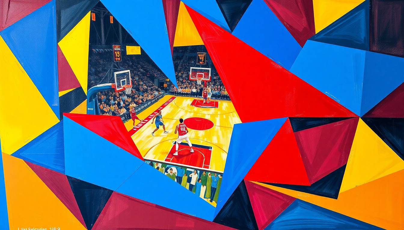 A cubist, fragmented painting depicting the dynamic action of a WNBA basketball game, with players and the court broken down into sharp, overlapping planes of vibrant blue, red, and yellow hues.