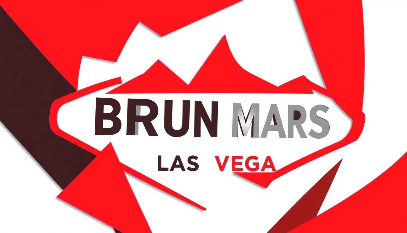 An abstract, minimalist illustration using bold, geometric shapes in red, white, and black to conceptually represent Bruno Mars' musical legacy and connection to Las Vegas.