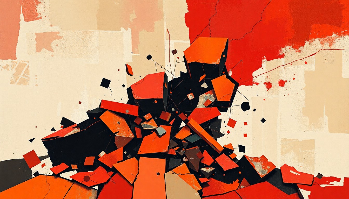 A fractured, abstract painting in shades of red, orange, and black, depicting a crumbling, geometric structure, conceptually representing the fragility and instability of geopolitical tensions.