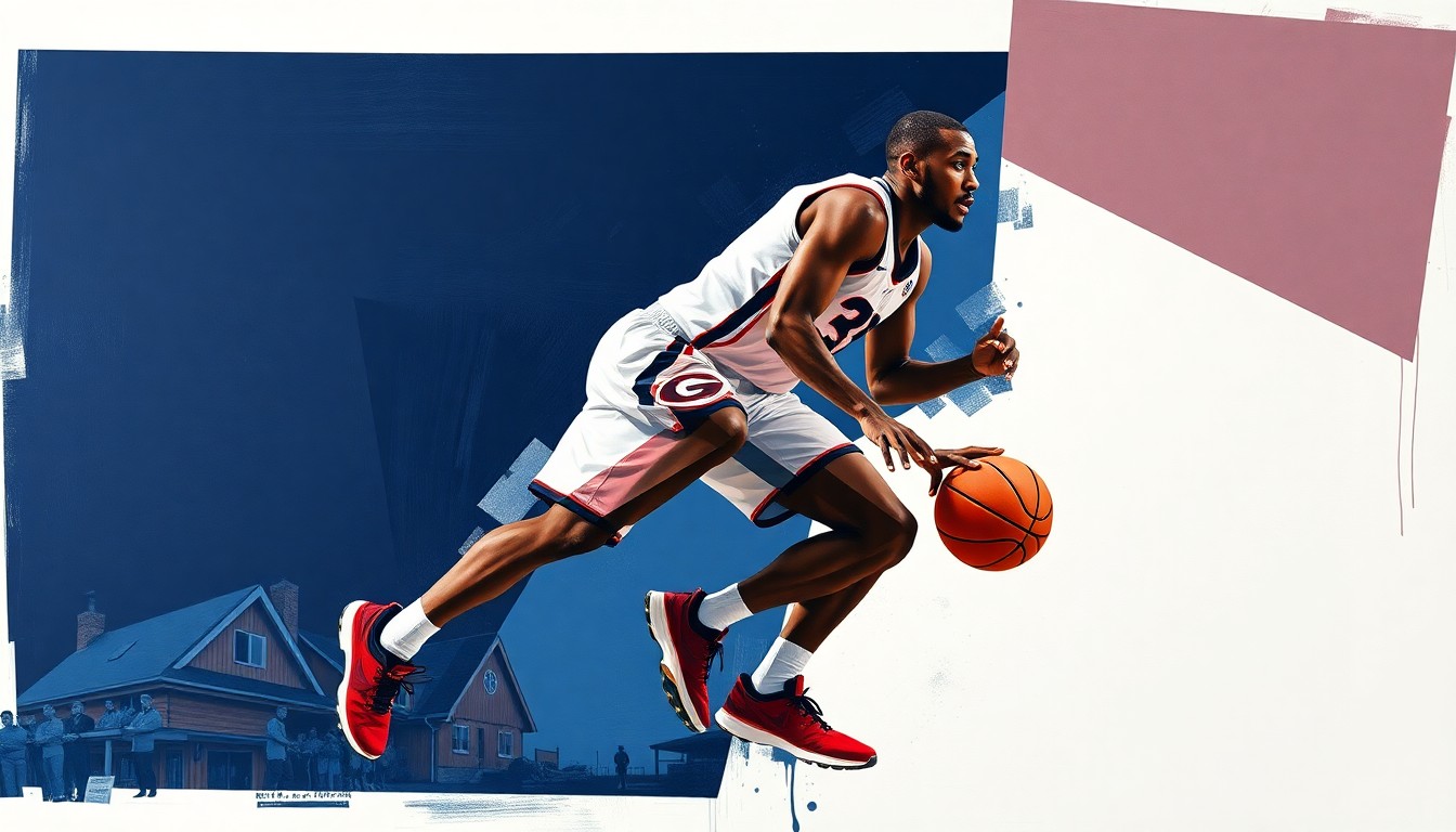A cubist, geometric painting depicting a college basketball player in motion, with sharp planes of navy blue, red, and white representing the University of Georgia's team colors.
