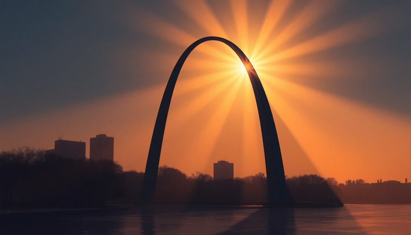 A cinematic painting of the Gateway Arch in St. Louis, with the structure bathed in warm, diagonal sunlight and deep shadows, conveying a sense of the region's history and potential for a new era.