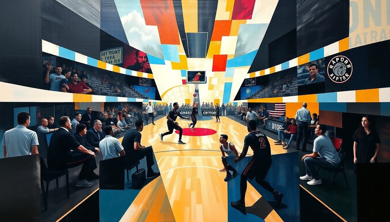 A fractured, multi-perspective painting in a cubist style, breaking down a basketball game between the Miami Heat and Toronto Raptors into sharp, overlapping geometric planes. The players' movements and the court's lines are deconstructed into a dynamic, abstract composition.