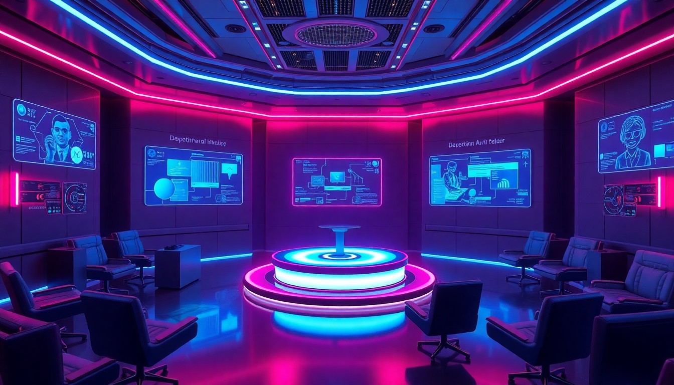 A highly detailed, glowing 3D illustration of a futuristic deposition hearing room, with holographic displays and AI-powered analysis tools illuminating the space in neon cyan and magenta hues, conceptually representing the advanced, high-tech nature of Second Chair AI's Depo Defense Mode feature.