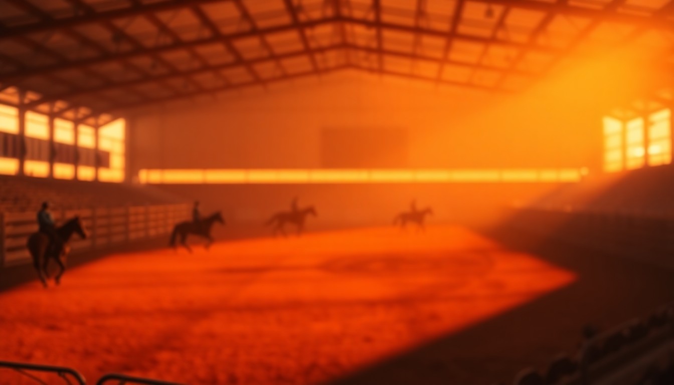An extremely abstracted, out-of-focus photograph of a rodeo arena at sunset, with warm pools of light and color blurring the edges, evoking the spirit of the sport that was central to LaTonne Sewalt Enright's life.