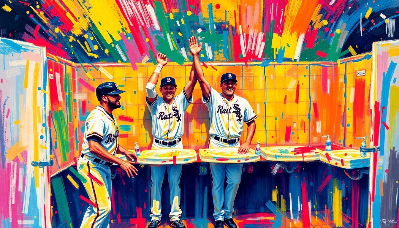 An abstract expressionist painting in vibrant neon colors, with rapid, energetic brushstrokes depicting the White Sox players interacting with the new clubhouse bidets in a playful, celebratory manner.