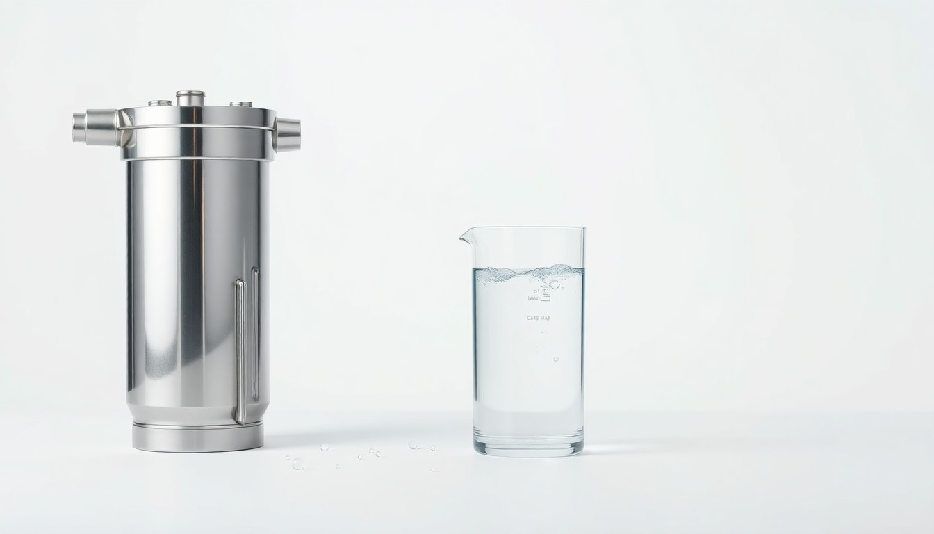 A photorealistic studio still life featuring a polished stainless steel water filter housing, a clear glass beaker filled with pristine water, and a few scattered water droplets, conceptually representing the importance of advanced water treatment technology.