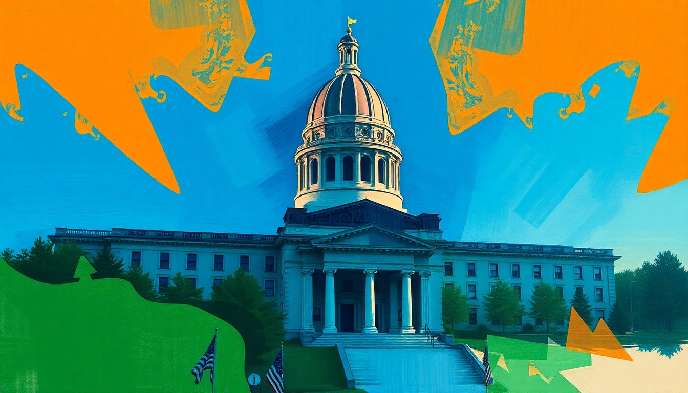 A vibrant, abstract painting featuring the Wisconsin state capitol building repeated in overlapping, fractured geometric shapes in shades of blue, green, and orange, conveying the dynamic and high-stakes nature of the upcoming state Supreme Court election.