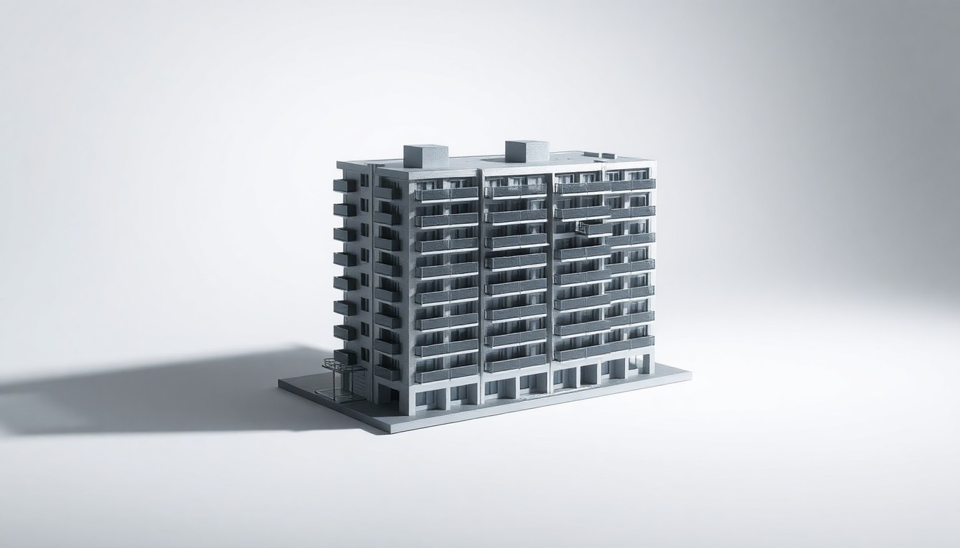 A high-end, photorealistic studio still-life photograph featuring a polished, geometric model of a multi-story apartment building in brushed metal, resting on a clean white seamless background and illuminated by dramatic studio lighting to conceptually represent affordable housing and urban revitalization.