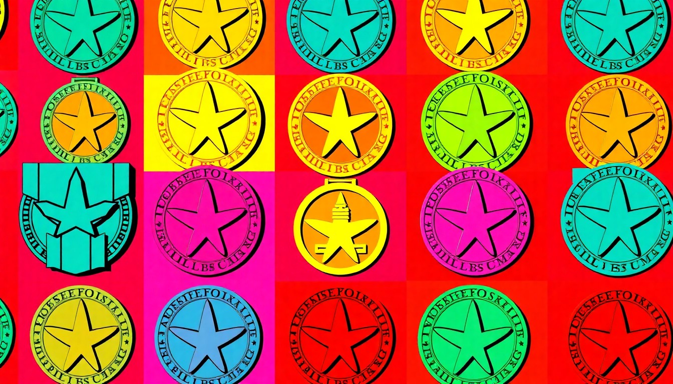 A repeating grid of brightly colored military medals and insignia, rendered in a bold, abstract pop art style to celebrate the contributions of veterans in the community.