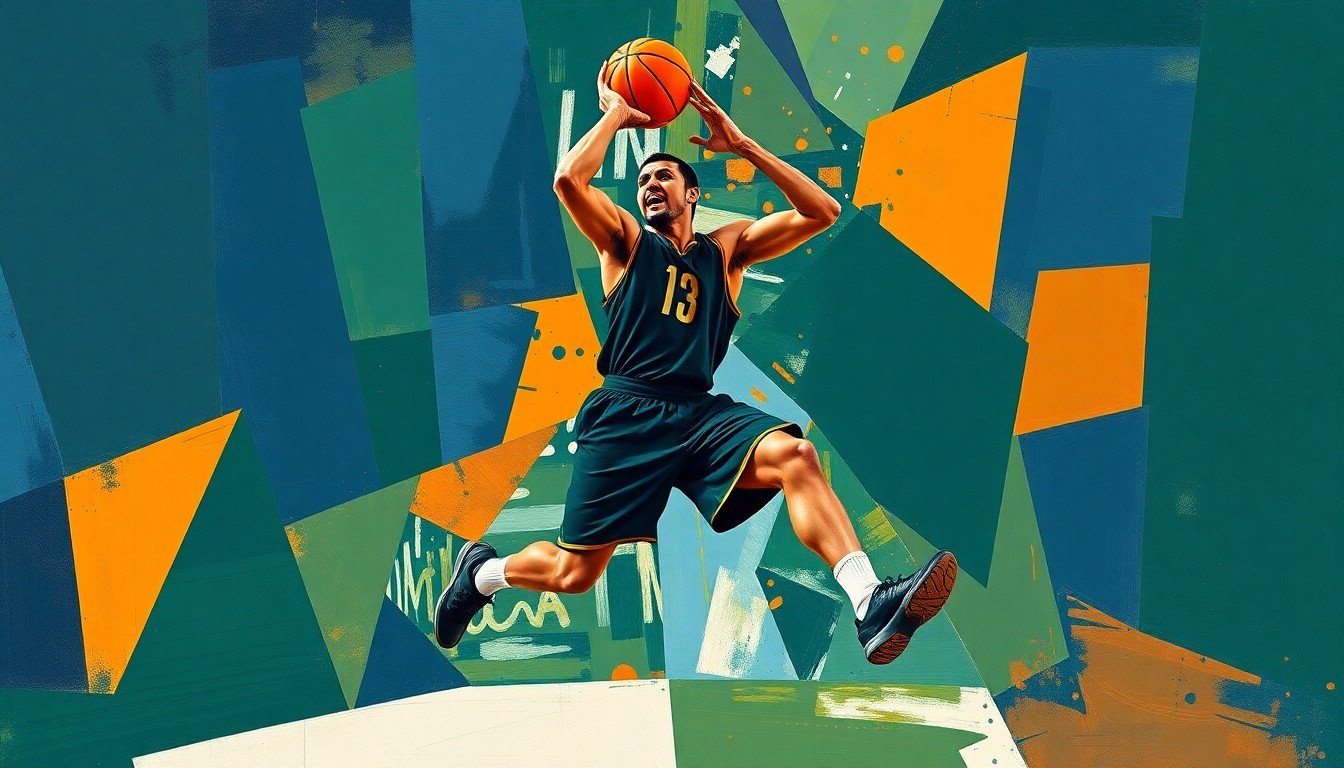 A fragmented, cubist-style painting depicting a basketball player in mid-motion, their body broken down into sharp, overlapping geometric shapes in a palette of navy, green, and orange, conveying the dynamic energy and uncertainty of the transfer portal.