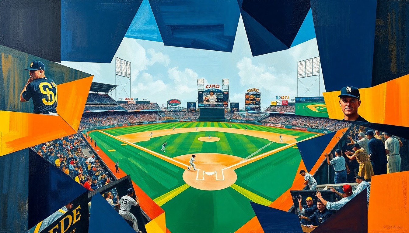 A fractured, geometric painting in vibrant colors depicting the action and movement of a baseball game, with players and the field deconstructed into sharp, overlapping planes.