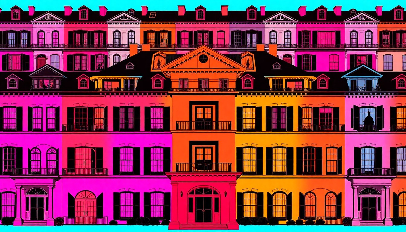 A vibrant, high-contrast silkscreen print featuring a repeated image of an ornate antebellum mansion facade in a grid pattern, using a bold, neon color palette to transform the historic architecture into a modern pop art piece.
