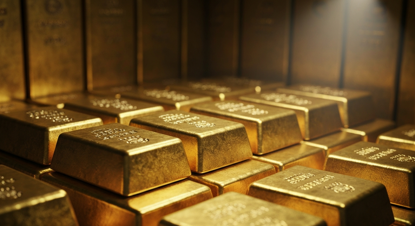An extreme close-up of gleaming gold bars stacked in a secure vault, conceptually representing the Banque de France's strategic repatriation of its national gold reserves.