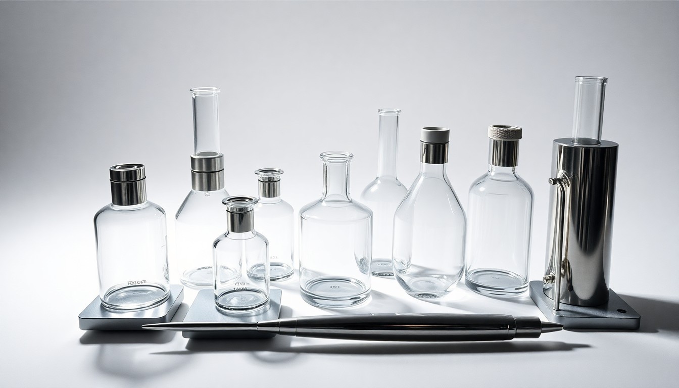 A photorealistic studio still life featuring a collection of polished, geometric glass and metal laboratory equipment arranged elegantly on a clean, white background, conveying a sense of precision and innovation in the biotechnology industry.