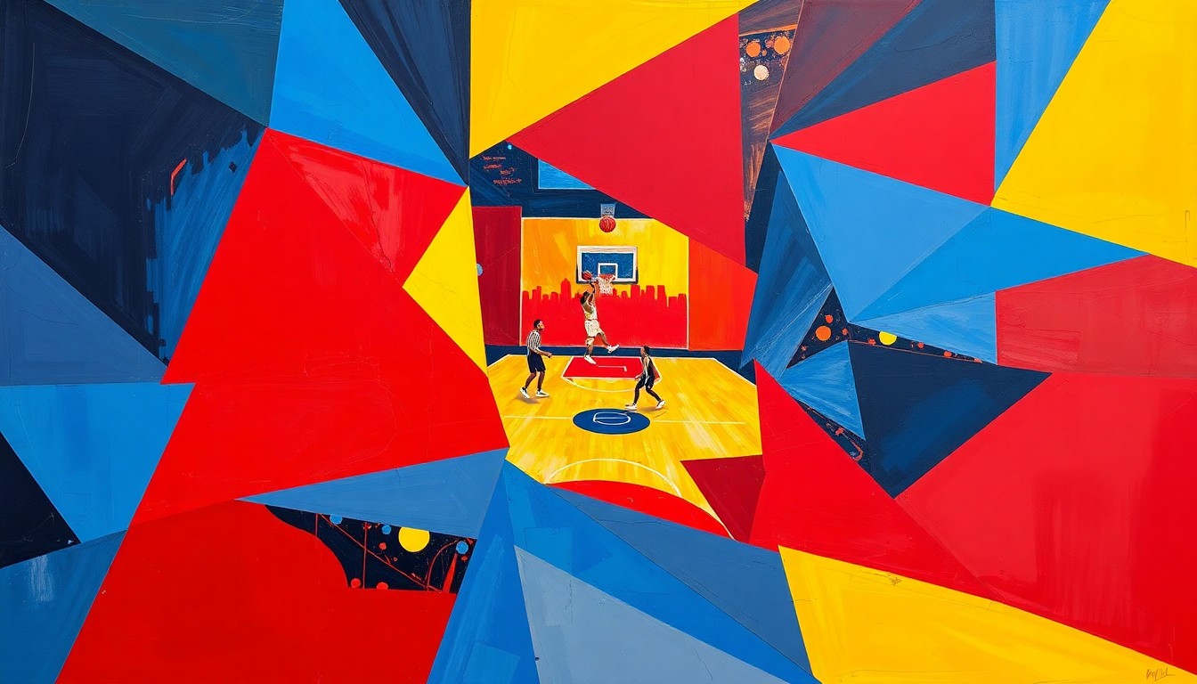 A dynamic, cubist-inspired painting depicting a basketball game or match, with the players and court broken down into sharp, overlapping geometric shapes in a bold color scheme, conveying the energy and intensity of the sport.