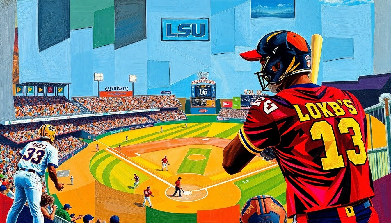 A fragmented, geometric painting in bright colors representing the action and intensity of a college baseball game between two opposing teams.