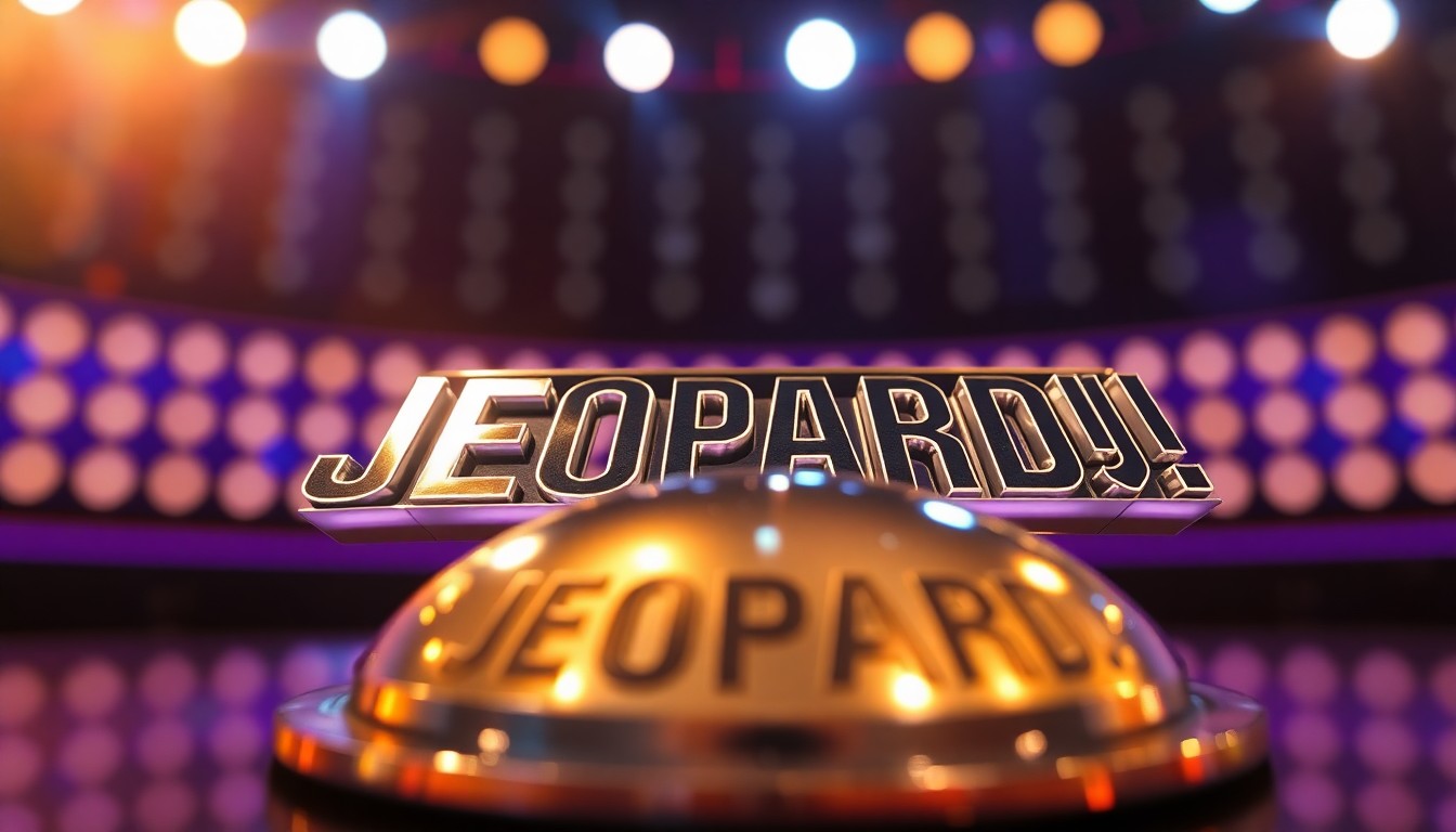 An abstract close-up photograph of a metallic game show buzzer reflecting bright studio lighting, conveying the high-stakes drama and glamour of a 'Jeopardy!' competition.