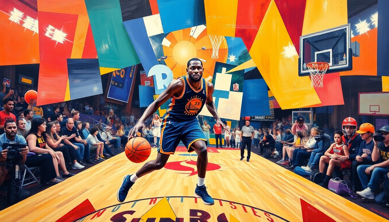 A fragmented, geometric painting depicting the action of a basketball game, with sharp planes of color and overlapping shapes representing the dynamic movement and energy of the players on the court.