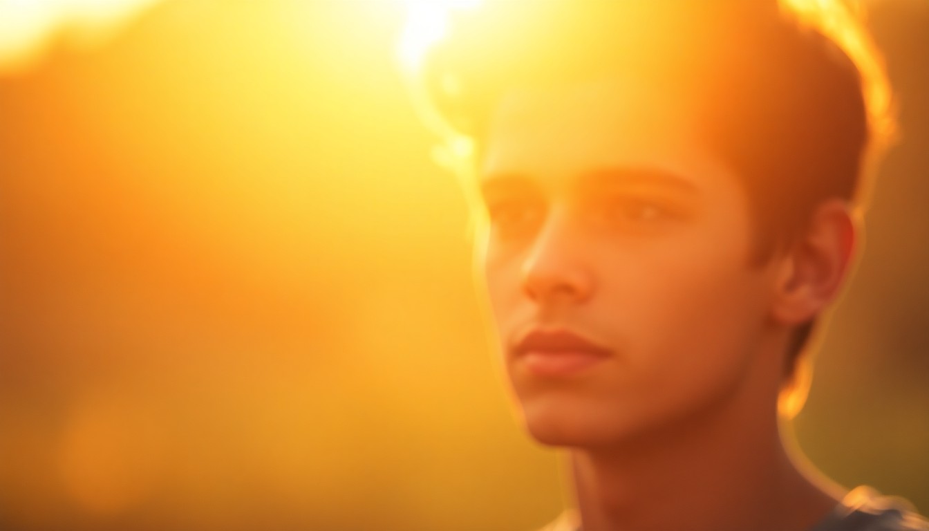A softly blurred, impressionistic portrait of a young man's face, with the background fading into a warm, hazy glow, conceptually representing the loss of a vibrant life.