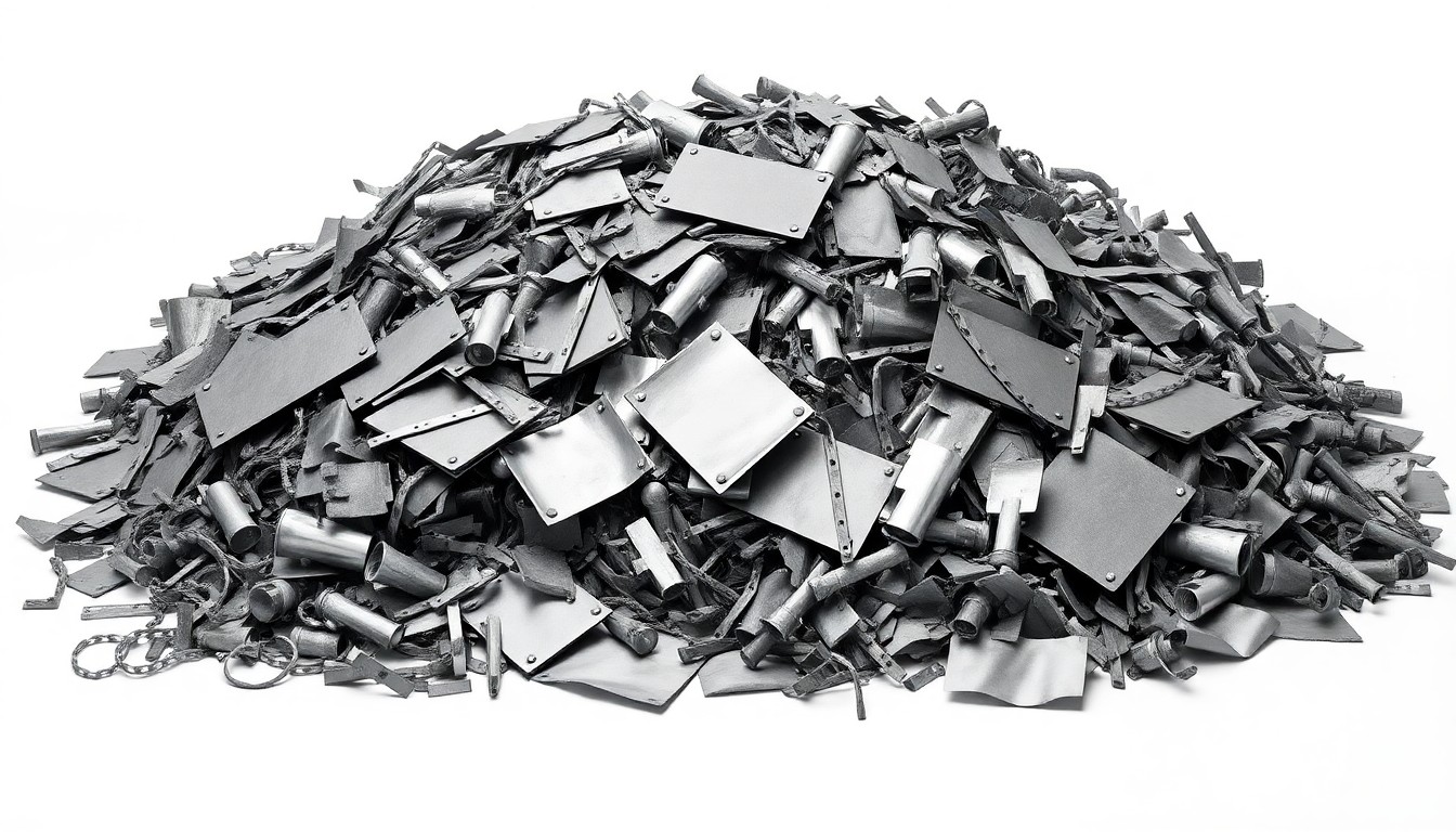 A high-end, photorealistic studio still-life photograph featuring a pile of scrap metal parts and shredded steel sheets in various shades of gray and silver, arranged elegantly on a clean, white seamless background, conceptually representing the shifting dynamics of the Russian scrap metal market.